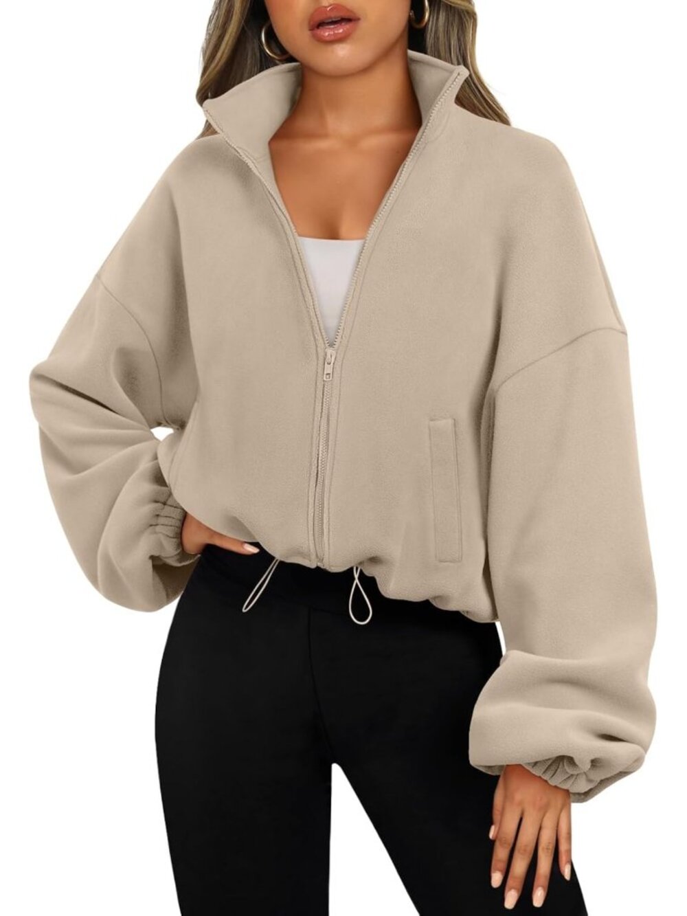 Cozy Oversized Cropped Fleece Jacket for Women - Zip Up Sweatshirt, Warm Layer